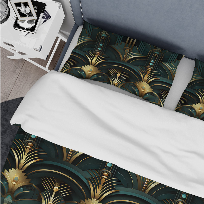 Ensemble de housse de couette abstrait - Opulence dorée et verte Art Déco, Housse de couette simple + 1 taie décorative stan