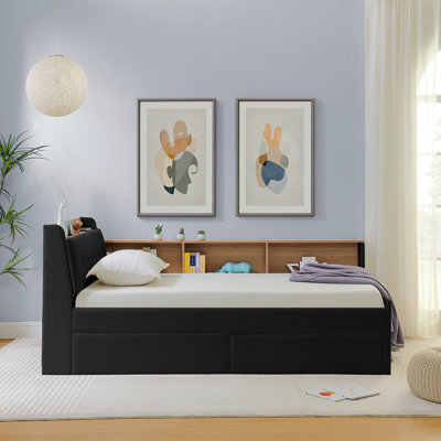 Twin Size Upholstery Velvet Day Bed With Storage Headboard And Wireless Charging, Multi-Functional Daybed With Two Storage Drawers & LED Lights, Black