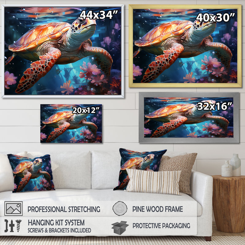 «Oceanic Turtle Elegance», reproduction sur toile encadrée, Cadre doré simple, H 24 po x l 32 po x P 1 po