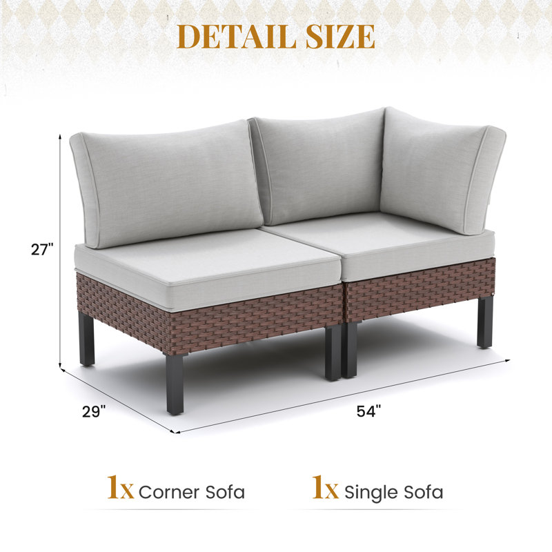 Outdoor Wicker Corner & Single Sofa Set With Cushions, Beige