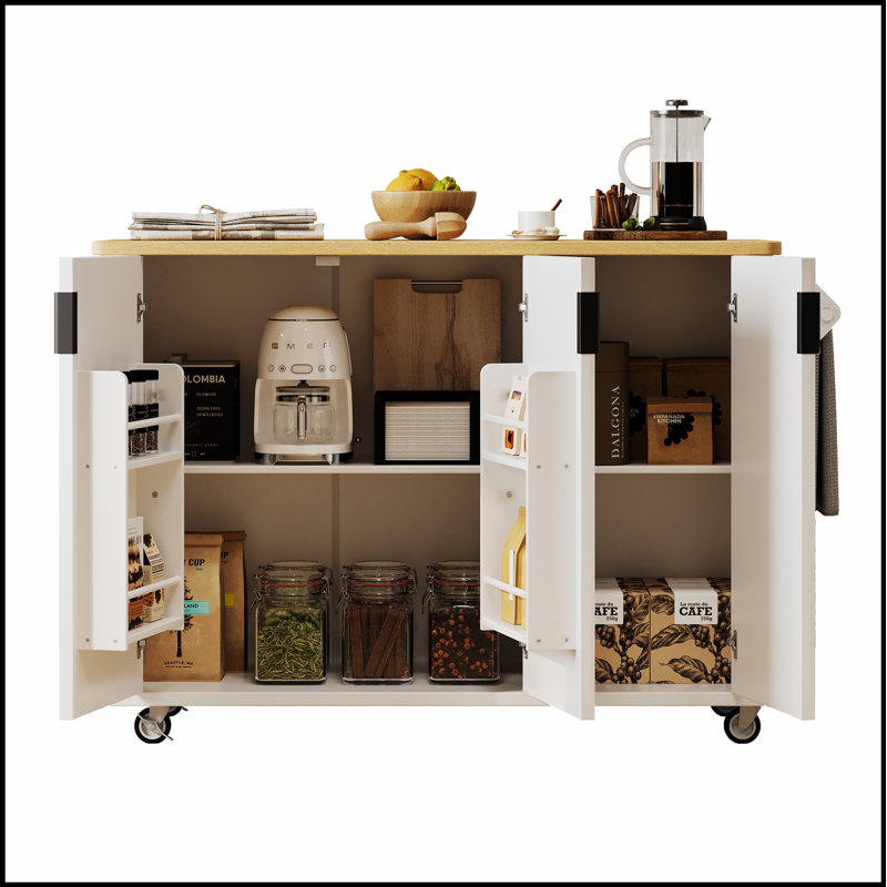 51 Inch Fluted Kitchen Island With Drop Leaf, Farmhouse Accent On Wheels, Internal Storage Rack, And Towel Rack For Modern Kitchens