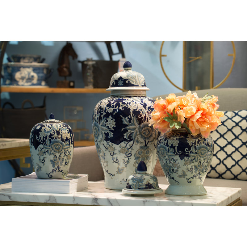 Pot à gingembre en céramique bleu / or 16,5 po