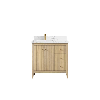 Atlanta White Oak Wood 36 In. W X 22 In. D Left Offset Sink Bathroom Vanity With 2 In. Frosty Carrara Quartz