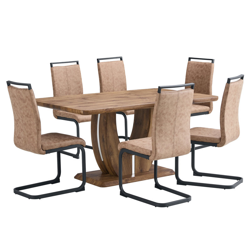 Aria Modern Solid Wood Pedestal Dining Set with Upholstered Chairs (Set of 7), 7