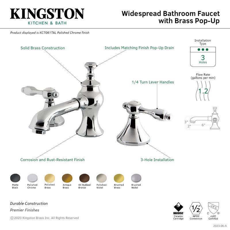 Kingston Brass Tudor Two-Handle 3-Hole Deck Mount Widespread Bathroom Faucet with Brass Pop-Up Drain, Oil Rubbed Bronze