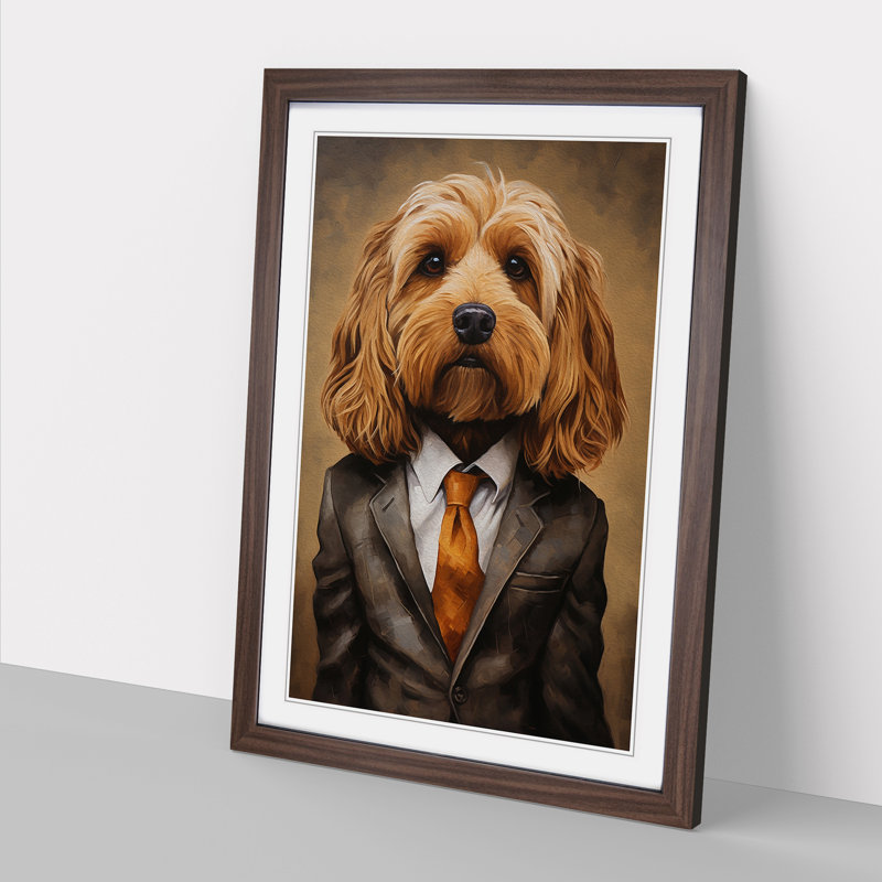 Cockapoo In A Suit Painting No.2 - Single Picture Frame Print on Wood, 34cm H x 25cm W x 2cm D, Walnut Framed