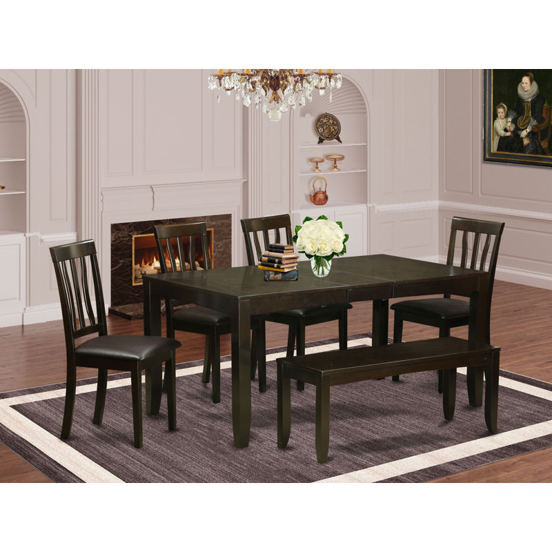 6 Piece Dining Table Set Contains a Rectangle Dining Room Table with Butterfly Leaf and 4 Faux Leather Chairs with a Bench, Cappuccino