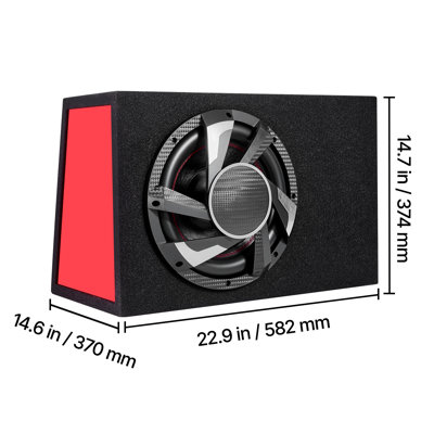 Subwoofer Bass Package, 12 in, 245W RMS, Complete Car Audio Subwoofer and Amp Package, with Loaded Enclosure, Built-in Amplifier, and Wiring Kit, Slim Trapezoid , Compact for Car Audio Systems
