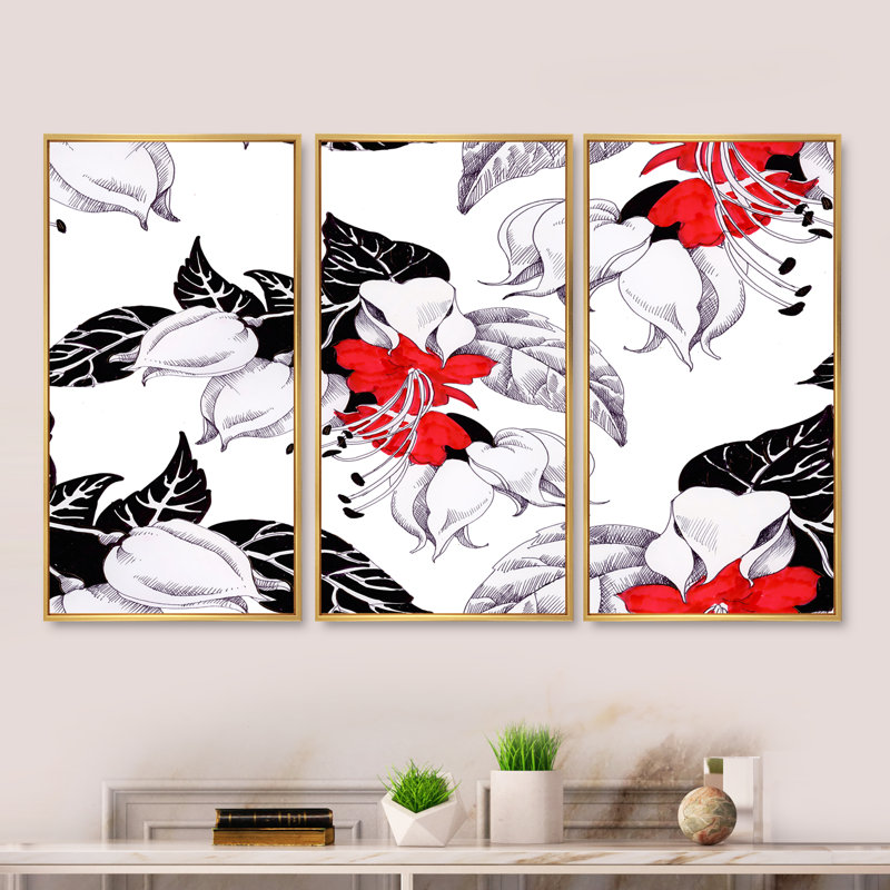 Fleurs rouges et blanches avec feuilles noires I - reproduction de cadre flottant 3 pièces sur toile, Cadre doré
