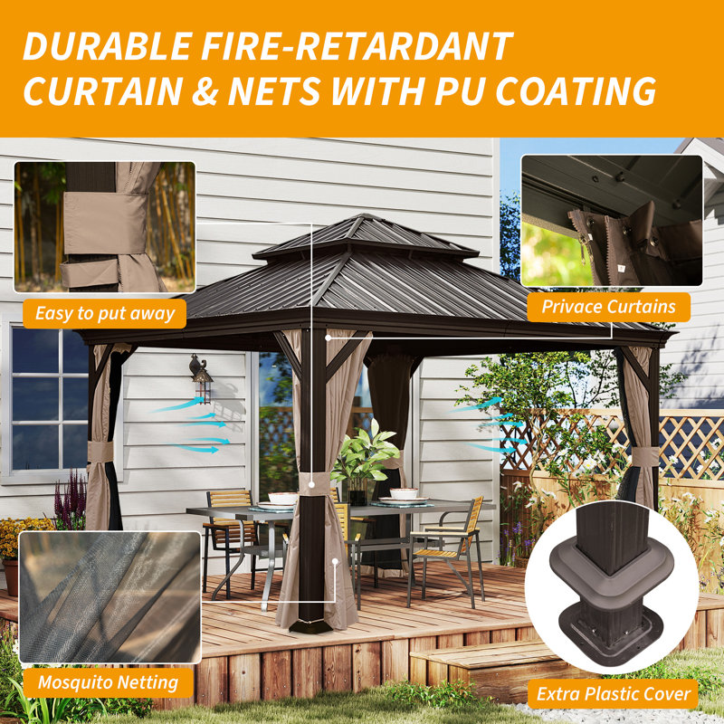 12' X 12' Hardtop Gazebo, Upgraded Metal Gazebo With Drainage System, Dual-Layer Galvanized Steel Roof, Curtain And Netting, Outdoor Shelter Canopy For Patio, Garden, And Backyard, Brown