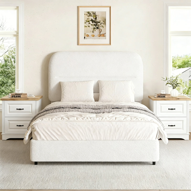 Ensemble de lit incurvé moderne avec table de chevet 2 pièces Modern Boucle, Lit simple, Blanc