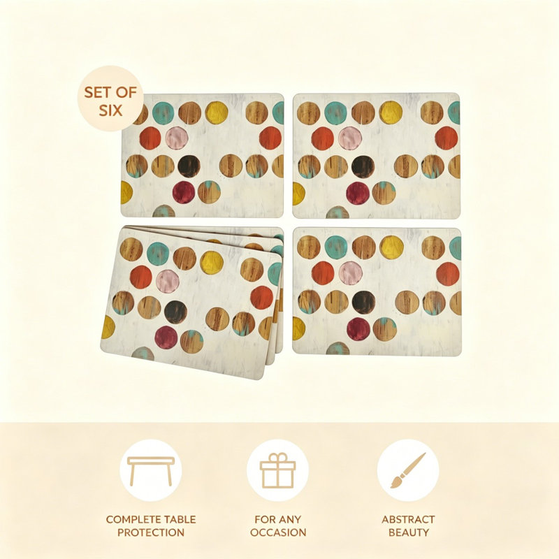 Set Of 6 Multi-Colour Retro Spot Table Mats, Cork Backed Lacquered Wooden Placemats, Retro Decor For Kitchen & Daily Family Dining