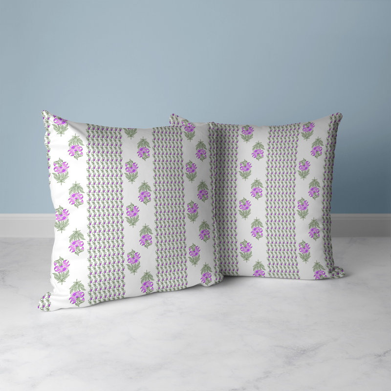 16" White and Purple Floral Reversible Throw Pillow