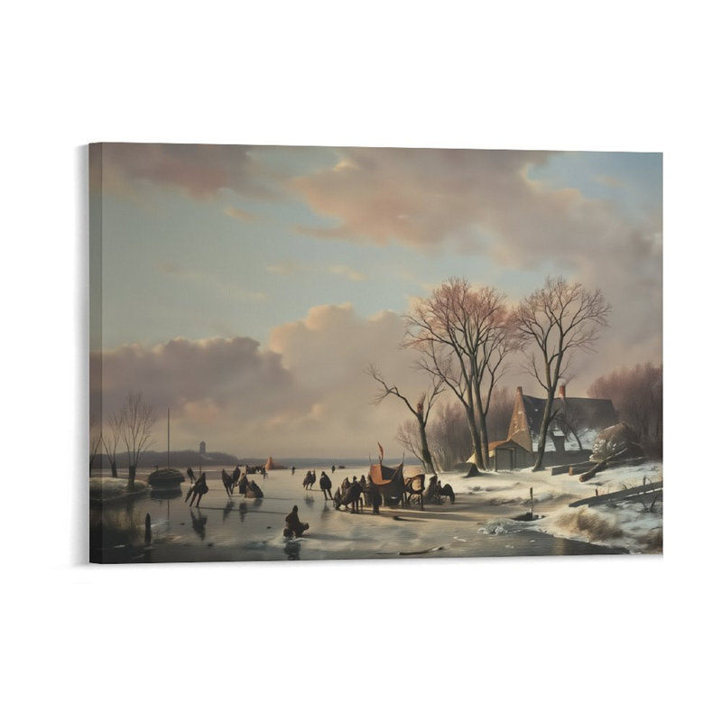Vintage Winter River Gathering, cadre en bois à l'arrière intégré, art mural, l 36 x L 24