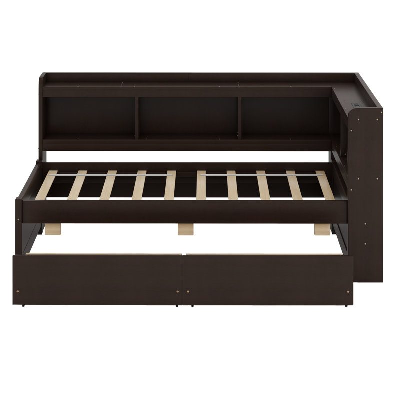 Lit en forme de L avec bibliothèques avec prises de courant, ports de chargement USB, deux tiroirs, Simple, Espresso