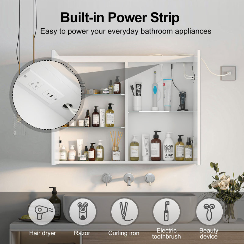 Pharmacie à DEL 31 * 24 po avec miroir, 3 lumières à intensité variable, capteur tactile, prises et USB