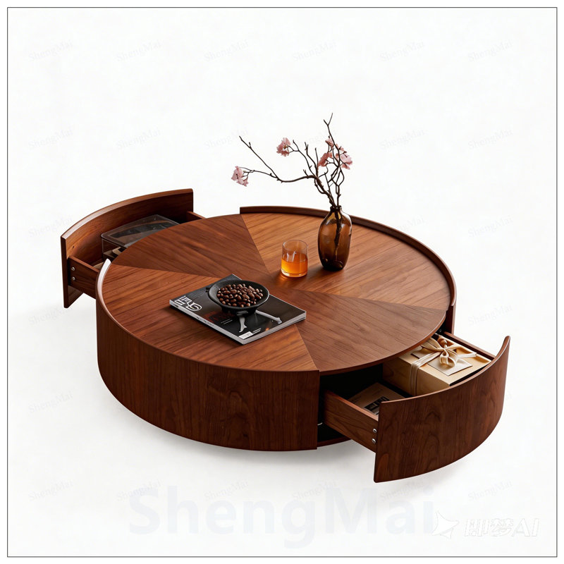 Table basse circulaire en placage de bois avec base en fer robuste, parfaite pour les salons, les chambres à coucher et les bureaux.
