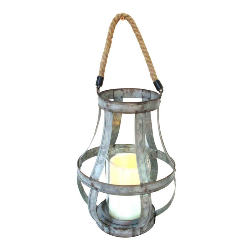 Lanterne porte-bougie en verre, ourlet en verre, poignée en corde, gris 12 po