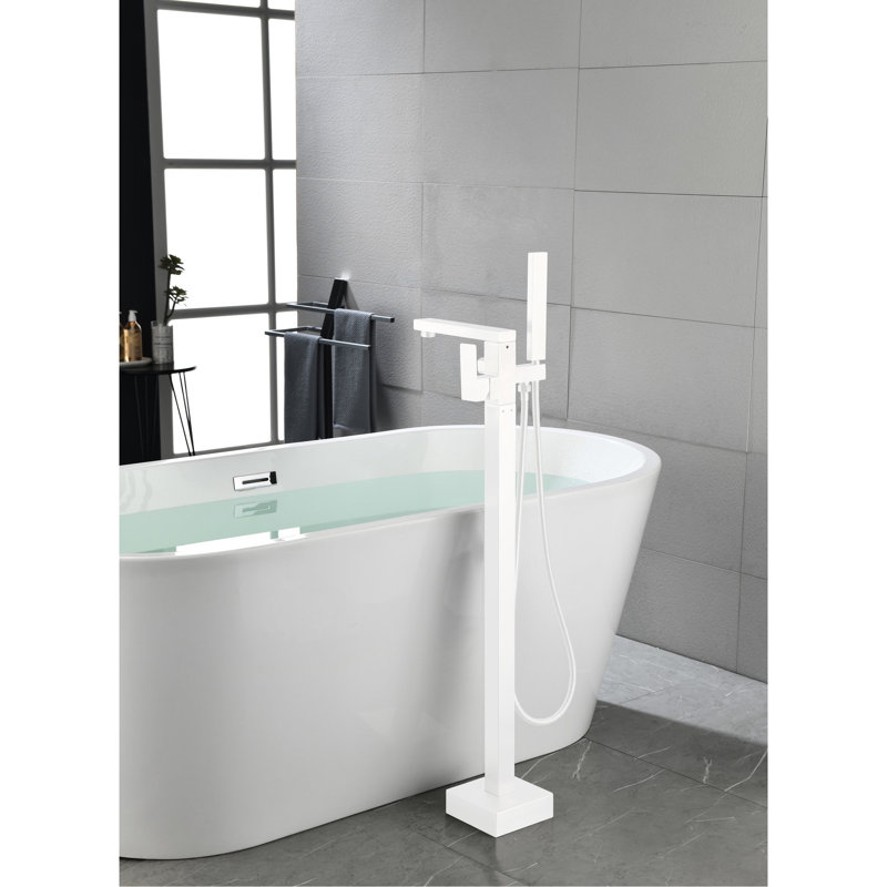 Freestanding Bathtub Faucet With 360 Degree Swiveling Spout - Brushed Nickel Floor Mount Bathroom Handheld Shower And Single Handle For Luxury Bathing Rotatable