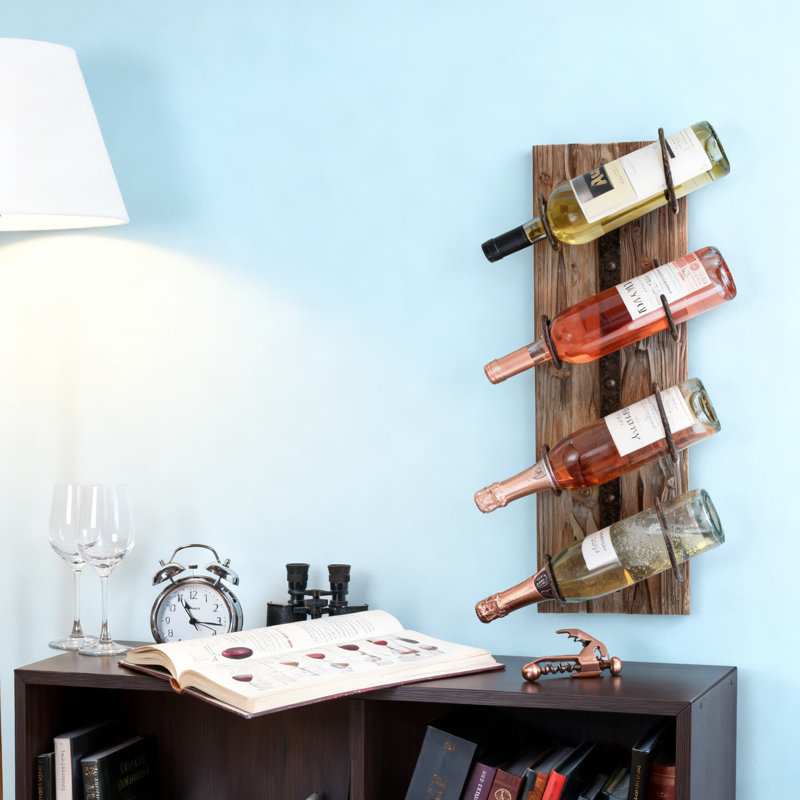 Support à vin rustique mural pour 4 bouteilles, décor de ferme avec construction en métal et en bois, montage vertical ou horizontal compact