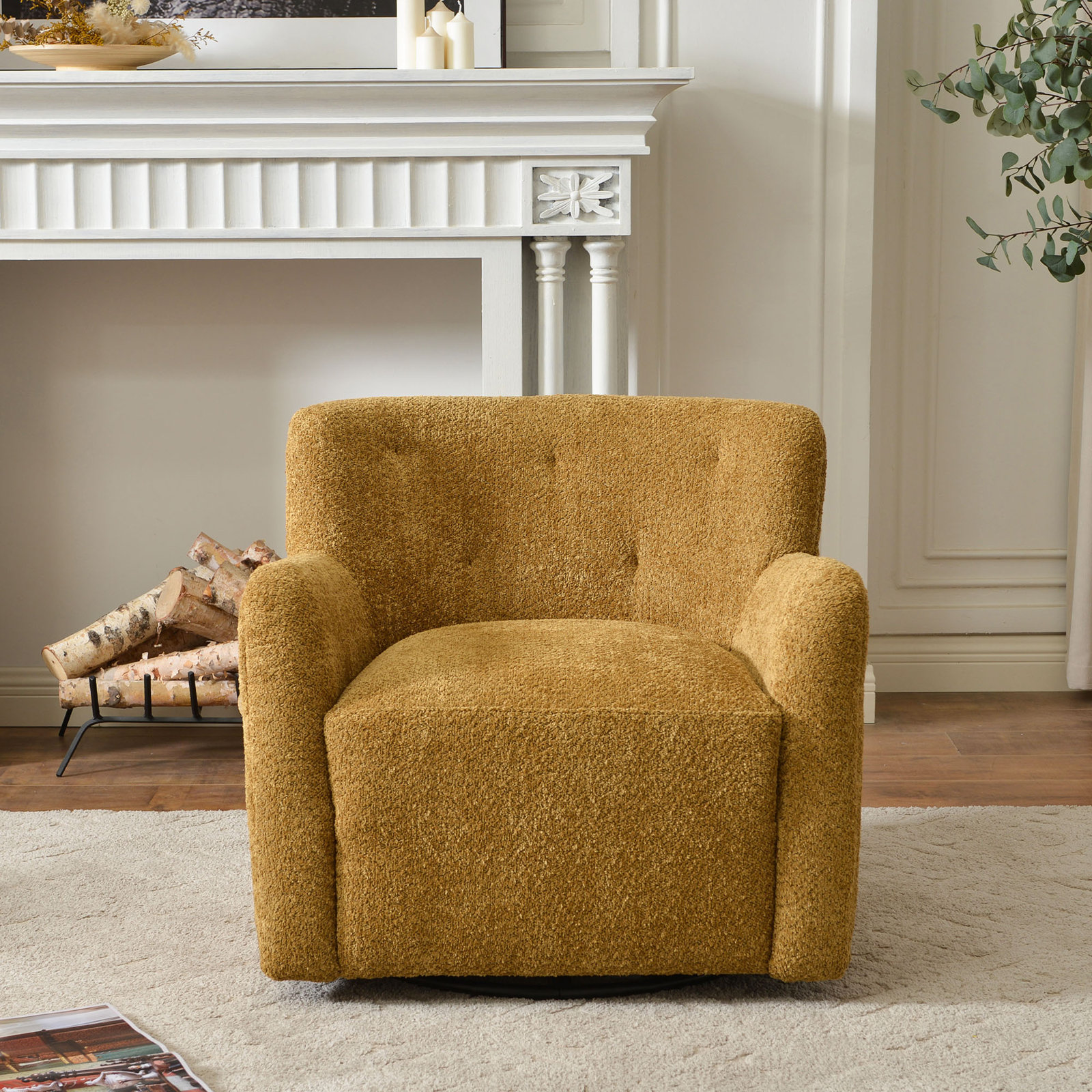 Fae Pine Swivel Armchair, Golden Ochre Textured Chenille