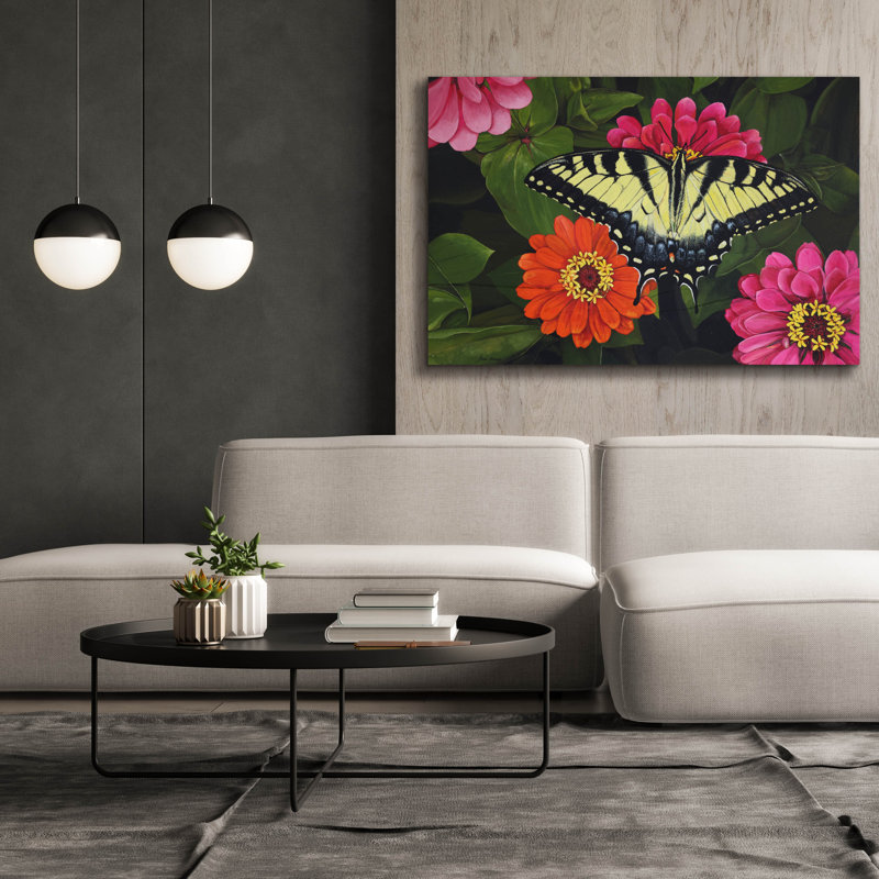 Toile épique Graffiti «Tiger Swallowtail On Zinnias» par Jim Brune, 60 po x 40 po, H 40 po x l 60 po