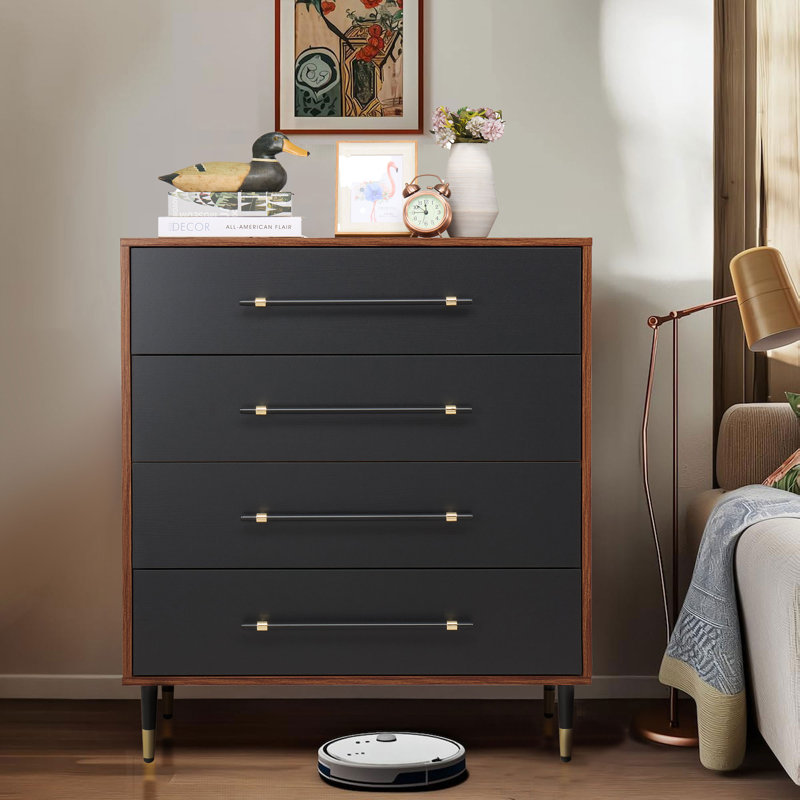 Commode de chambre à coucher 4 tiroirs Mid-Century moderne avec tiroirs noirs