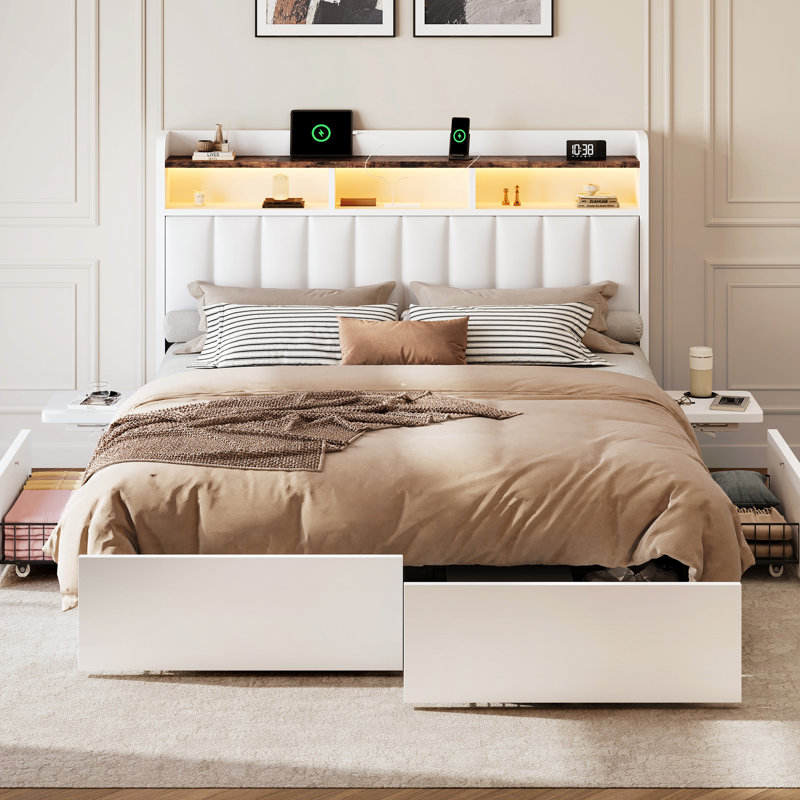 Bed Frame With 4 Drawers For Storage, Bedside Table, Pu Soft Headboard, Built-In Charging Station And Led Lights, White