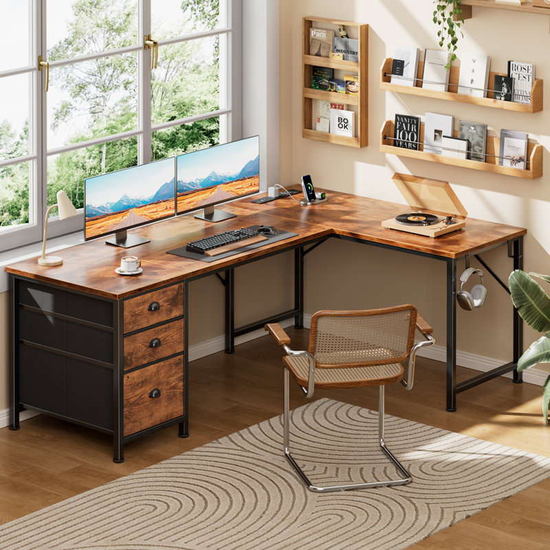 Bureau d'ordinateur en L avec prises de courant et tiroirs de rangement, bureau de jeu réversible pour bureau personnel