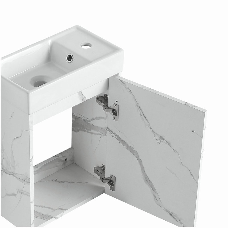 Armoire de salle de bain murale flottante de 16 pouces avec lavabo en céramique et porte à fermeture en douceur, adaptée aux petites salles de bain