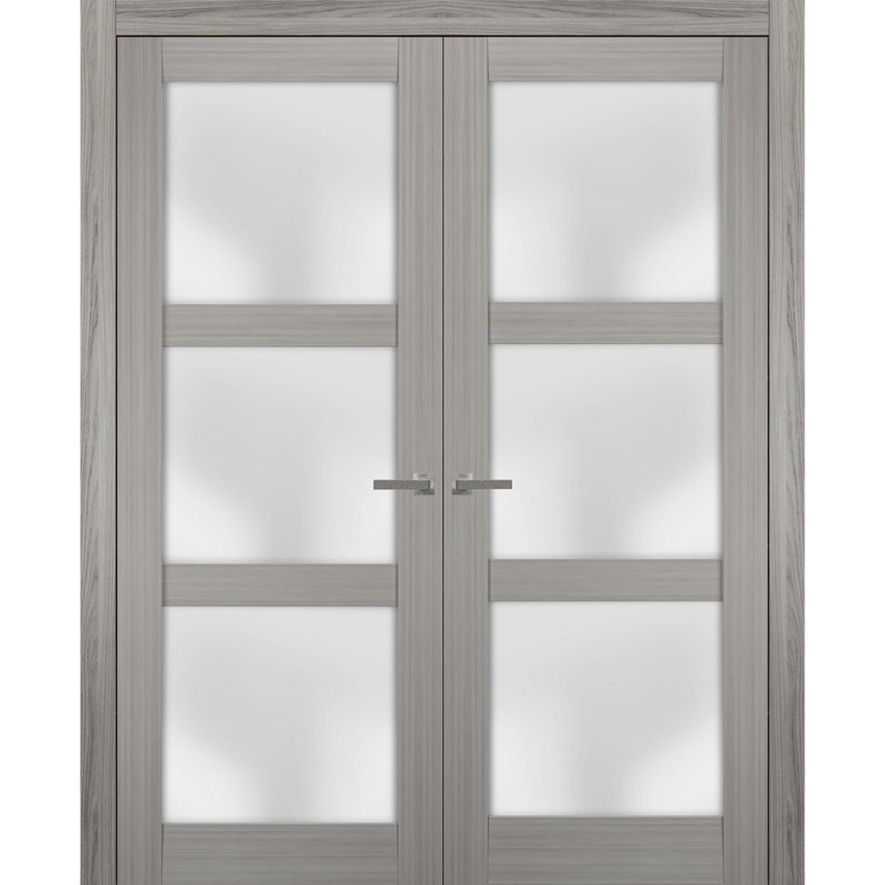 Portes françaises en verre givré Lucia, 60 po x 80 po, Bois de frêne gris