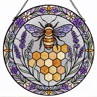 Bee Honeycomb Stained Glass Window Panel，7.8H