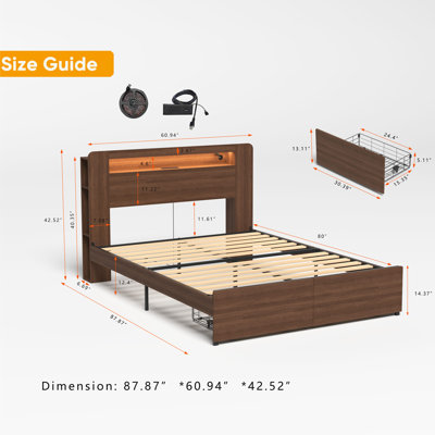 Queen Size Wood Platform Bed Frame with LED Headboard and 2 Storage Drawers, Noise-Free, No Box Spring Needed,Brown