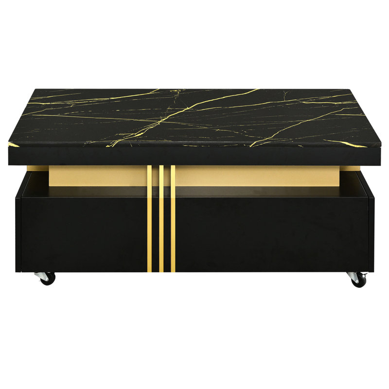 Black Rectangular Coffee Table With Faux Marble Finish And Drawer, Living Room Surface Storage,
