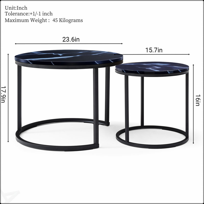 Ensemble de 2 tables basses gigognes avec dessus en marbre et cadres en métal robustes, parfaits pour un décor moderne et industriel