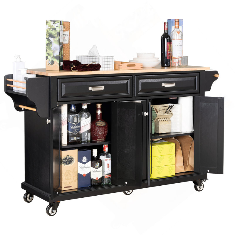 Kitchen Island With Rubber Wood Countertop, Kitchen Cart On 5 Wheels With Storage Cabinet, Black