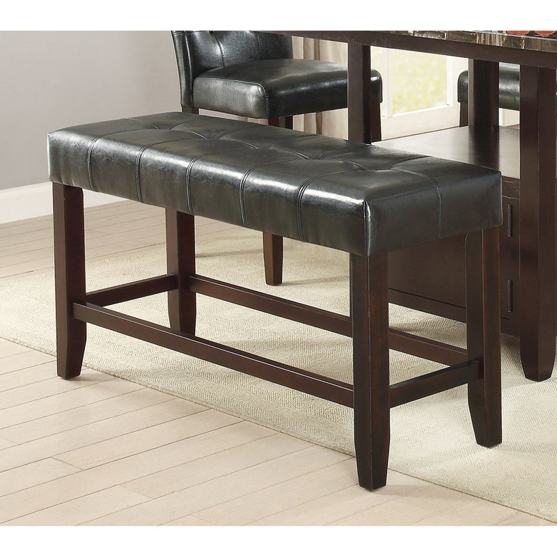 Black Faux Leather Counter Height Dining Bench - Cushion Seat With Stable Wooden Base Classic Room Upholstered Wood Comfort