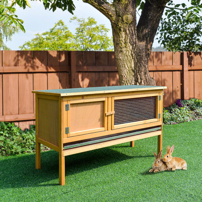 Wooden Rabbit Hutch with Openable Waterproof Asphalt Roof, 45.3" L x 17.5" W x 25.5" H, Fir Wood Small Animal Cage with Slide-Out Tray and Mesh Door, Yellow, 1 Piece
