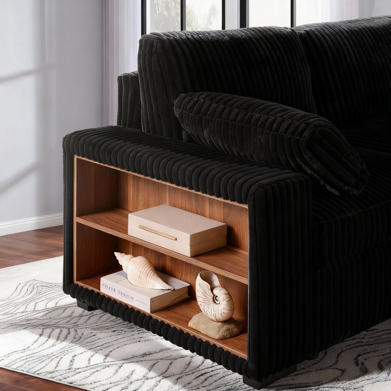 117" Modular Sectional Sofa With Storage Chaise, Pull-Out Bed, And Bookcase –  Corduroy Upholstery, Black Corduroy