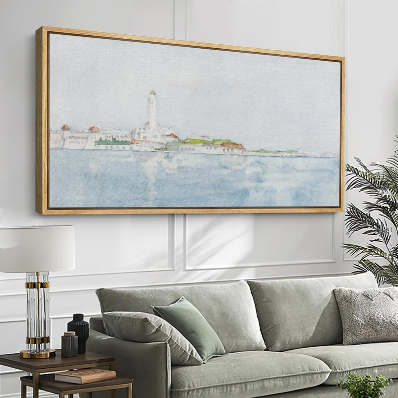 " Harbor Light A Watercolor Seascape Modern Art Relax Calm Warm Extra Large Pictures ", 30" H x 60" W, Natural