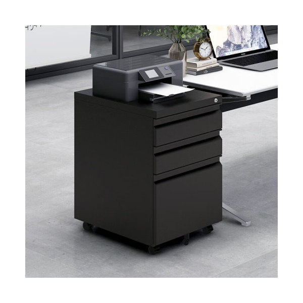 Classeur mobile à 3 tiroirs avec serrure et barre de suspension, piédestal roulant en acier noir anti-basculement avec plumier pour bureau personnel