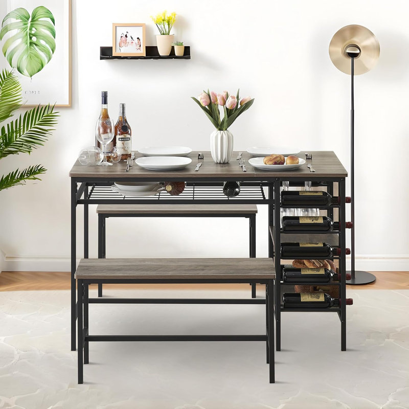 3-Piece Rectangular Dining Table Set with Wine Rack, Includes 2 Benches for 4, Ideal for Small Spaces, Apartments, and Dinettes