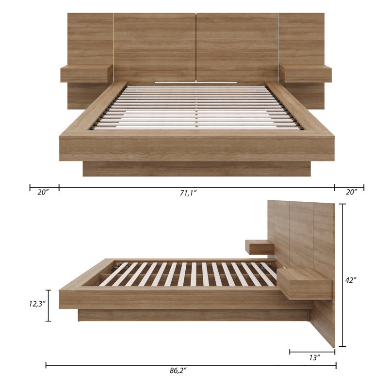 Kaenen 3 Piece Bedroom Set with Bed & 2 Floating Nightstands, Brown, Queen