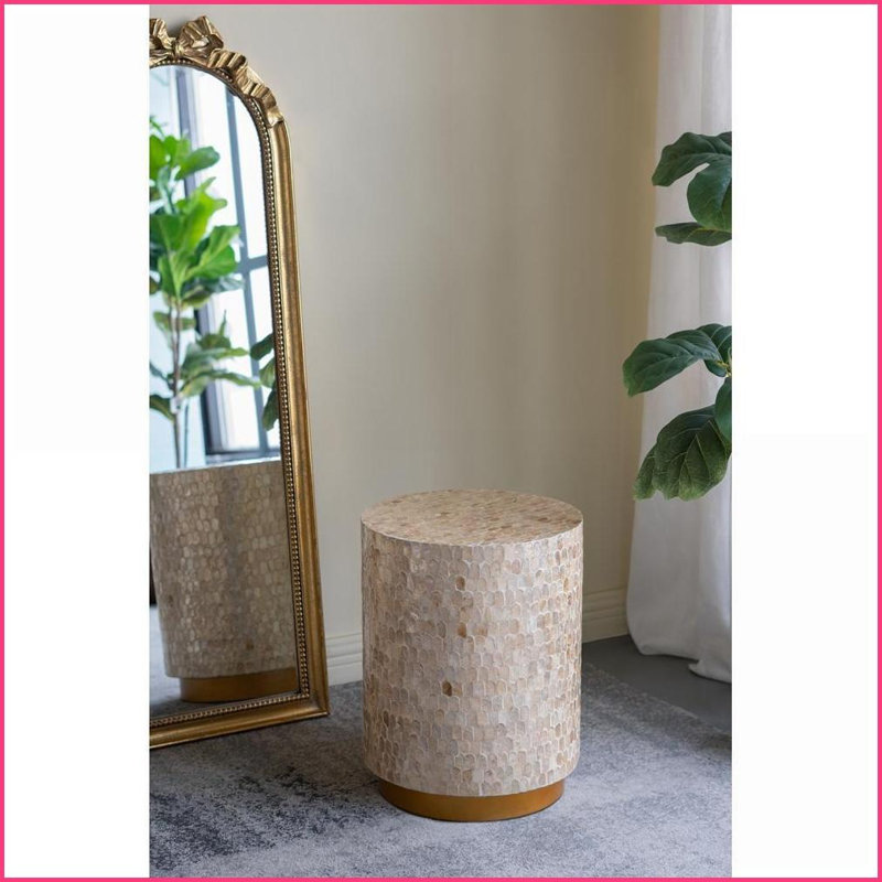 Tabouret d'appoint cylindrique avec or Finition noire de la coquille de Capiz | Or | Panneau de fibres à densité moyenne