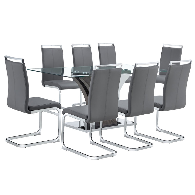 Modern Glam 9-Piece Tempered Glass Dining Set with Cantilever Chairs, Gray