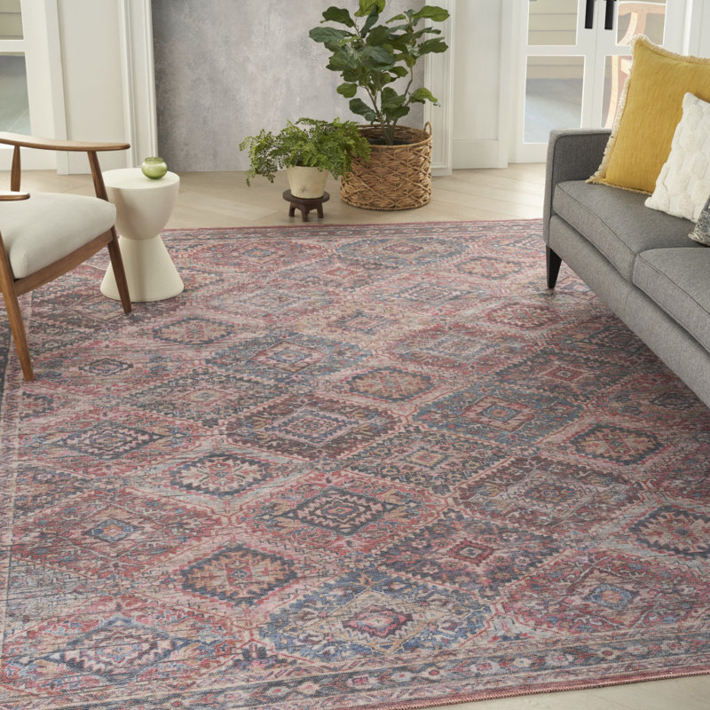 Tapis floral bleu et rouge tissé à la machine 9 pi x 12 pi