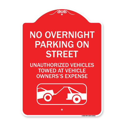 Signmission Designer Series Sign - No Overnight Parking On Street, Unauthorized Vehicles Towed At Vehicle Owner's Expense (With Car Tow Graphic) | Gre