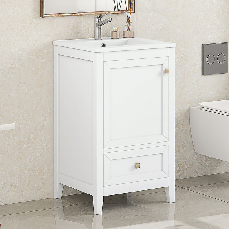 Meuble-lavabo de salle de bain avec lavabo, porte à fermeture douce, support de rangement et tiroir, Blanc