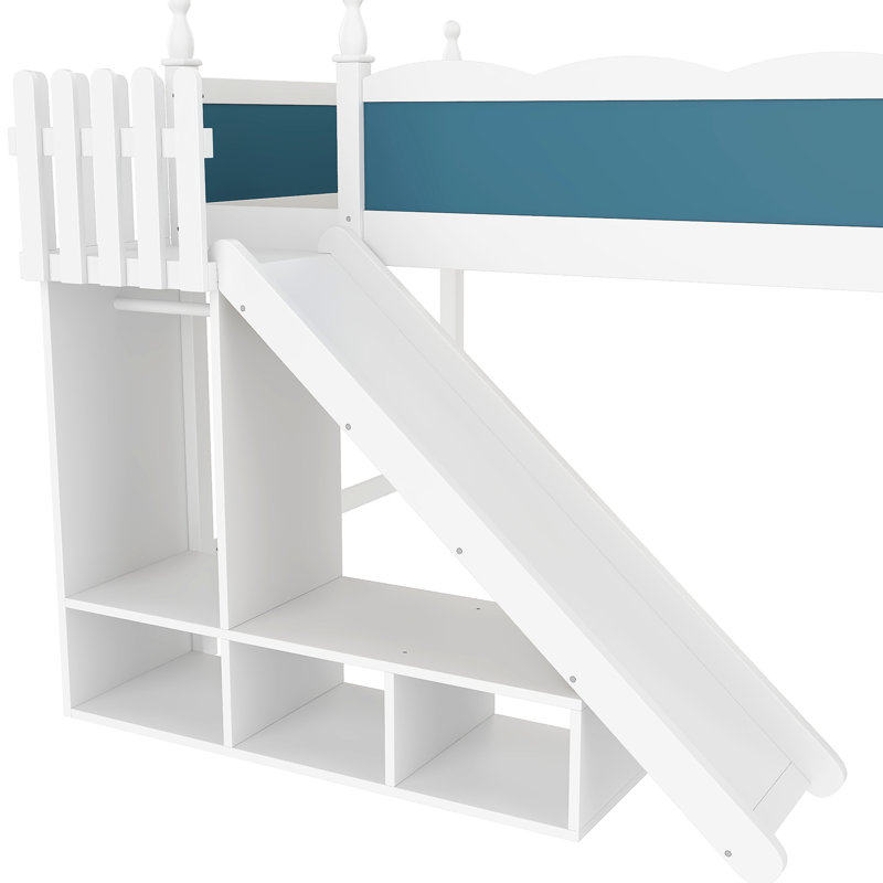 Lit mezzanine double bleu et blanc avec tablettes de rangement, glissière amovible, étapes d'installation simple, idéal pour économiser de l'espace dans la chambre à coucher