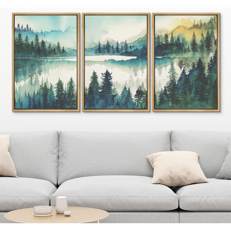 Forêt boisée, paysage, aquarelle, bleu sarcelle, émeraude, vert, chaîne de montagnes, 3 pièces, H 24 po x l 16 po x P 1,5 po